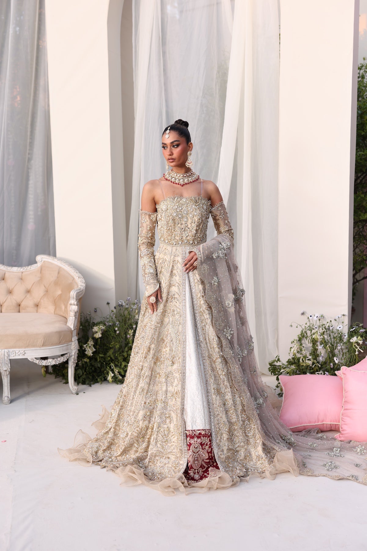 Pakistani Champagne Gold Embellished Tissue Bridal Gown (2-Piece) - Image 1