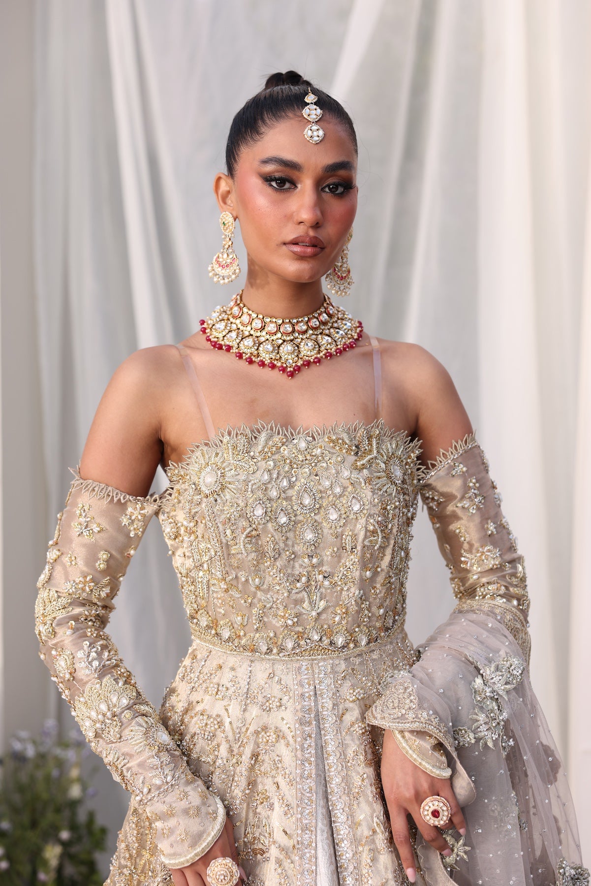Pakistani Champagne Gold Embellished Tissue Bridal Gown (2-Piece) - Image 10
