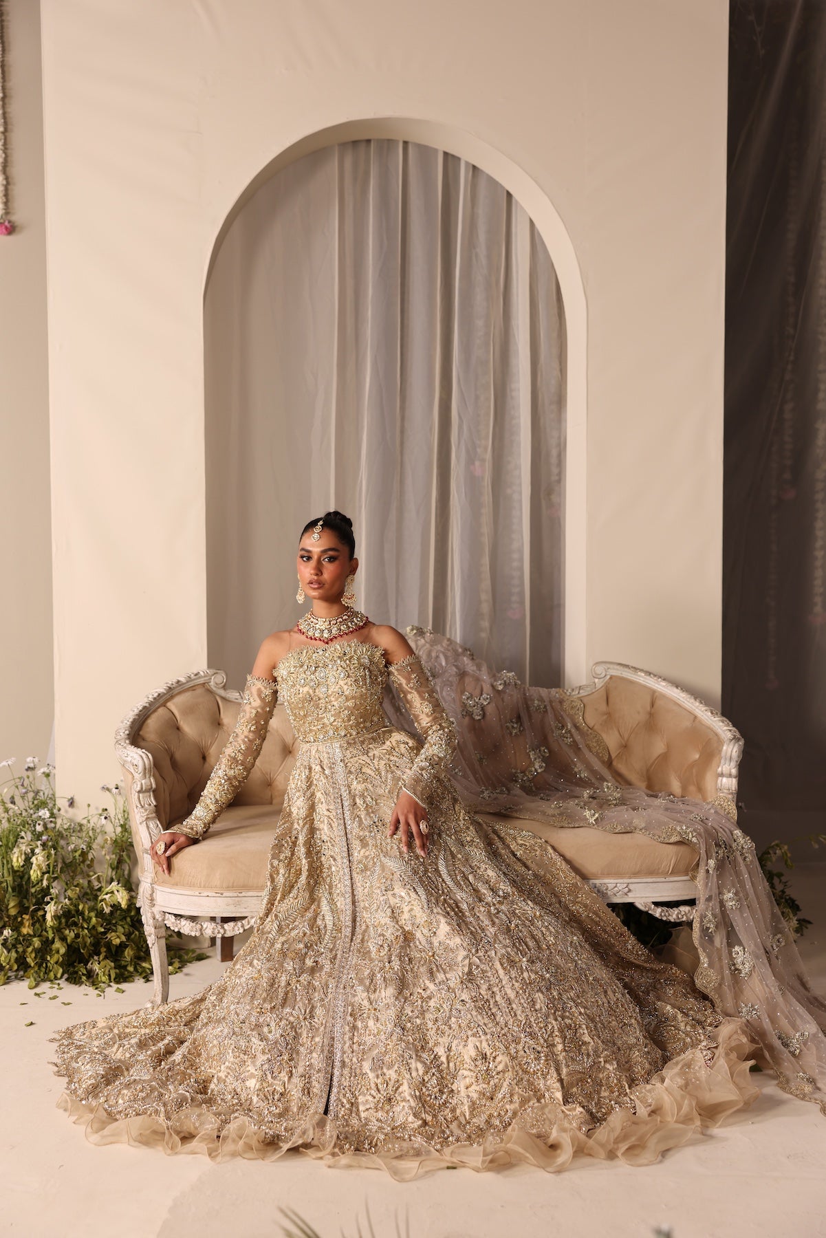 Pakistani Champagne Gold Embellished Tissue Bridal Gown (2-Piece) - Image 3
