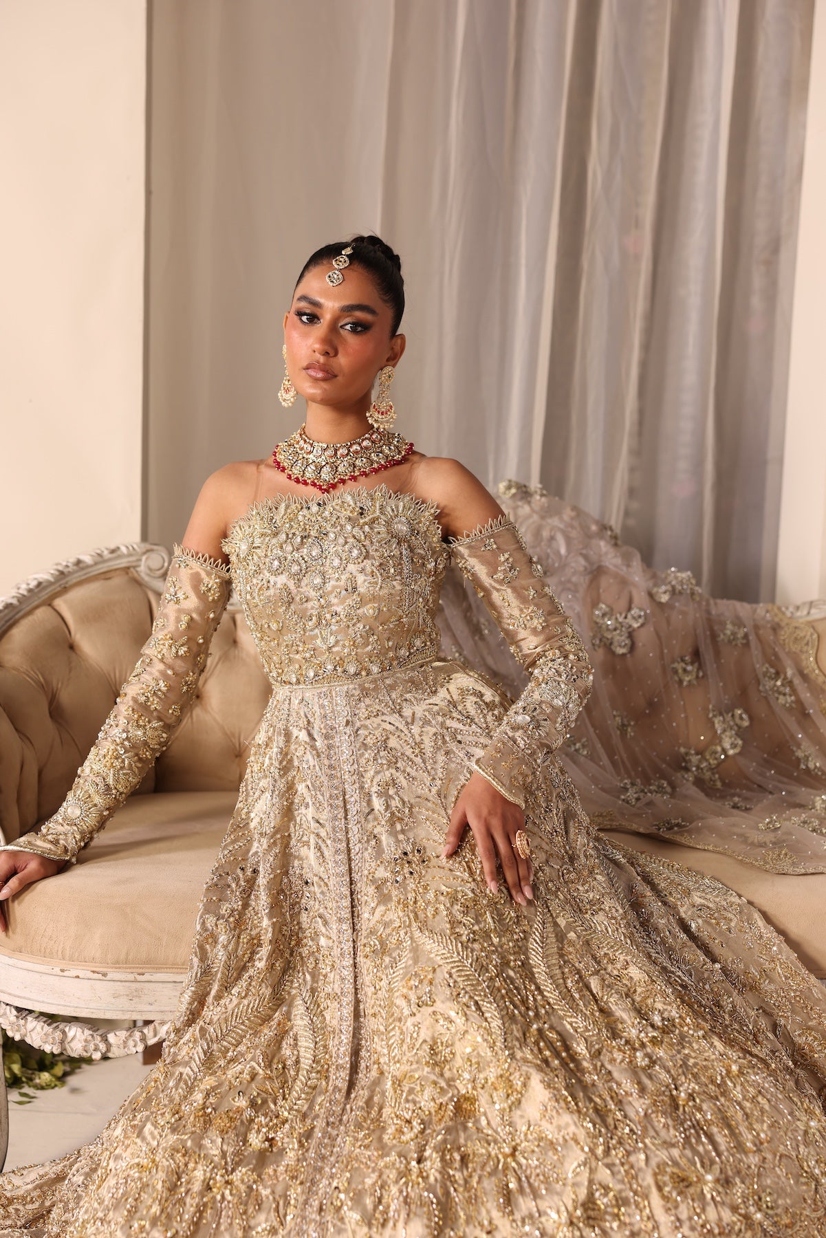 Pakistani Champagne Gold Embellished Tissue Bridal Gown (2-Piece) - Image 4