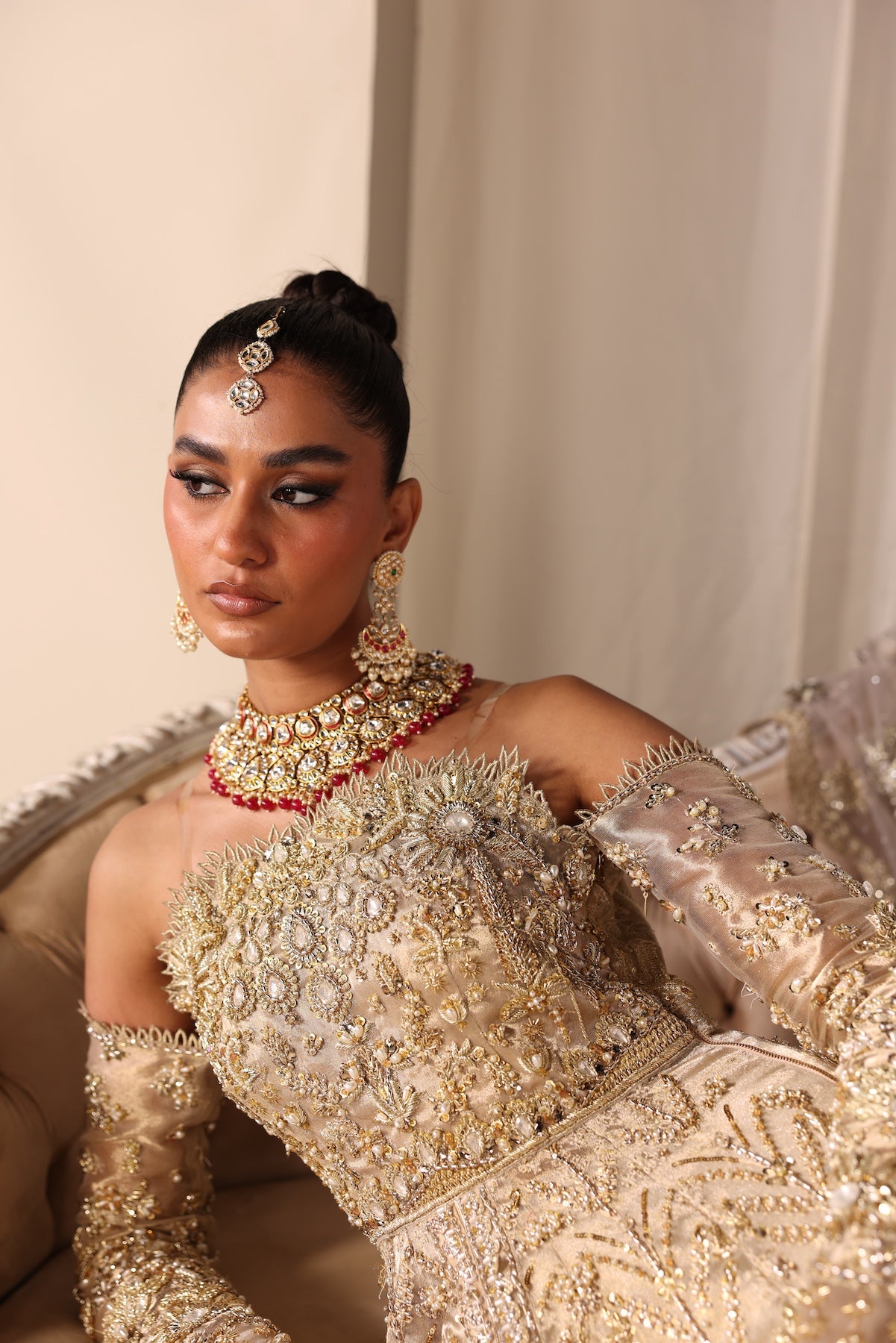 Pakistani Champagne Gold Embellished Tissue Bridal Gown (2-Piece) - Image 5