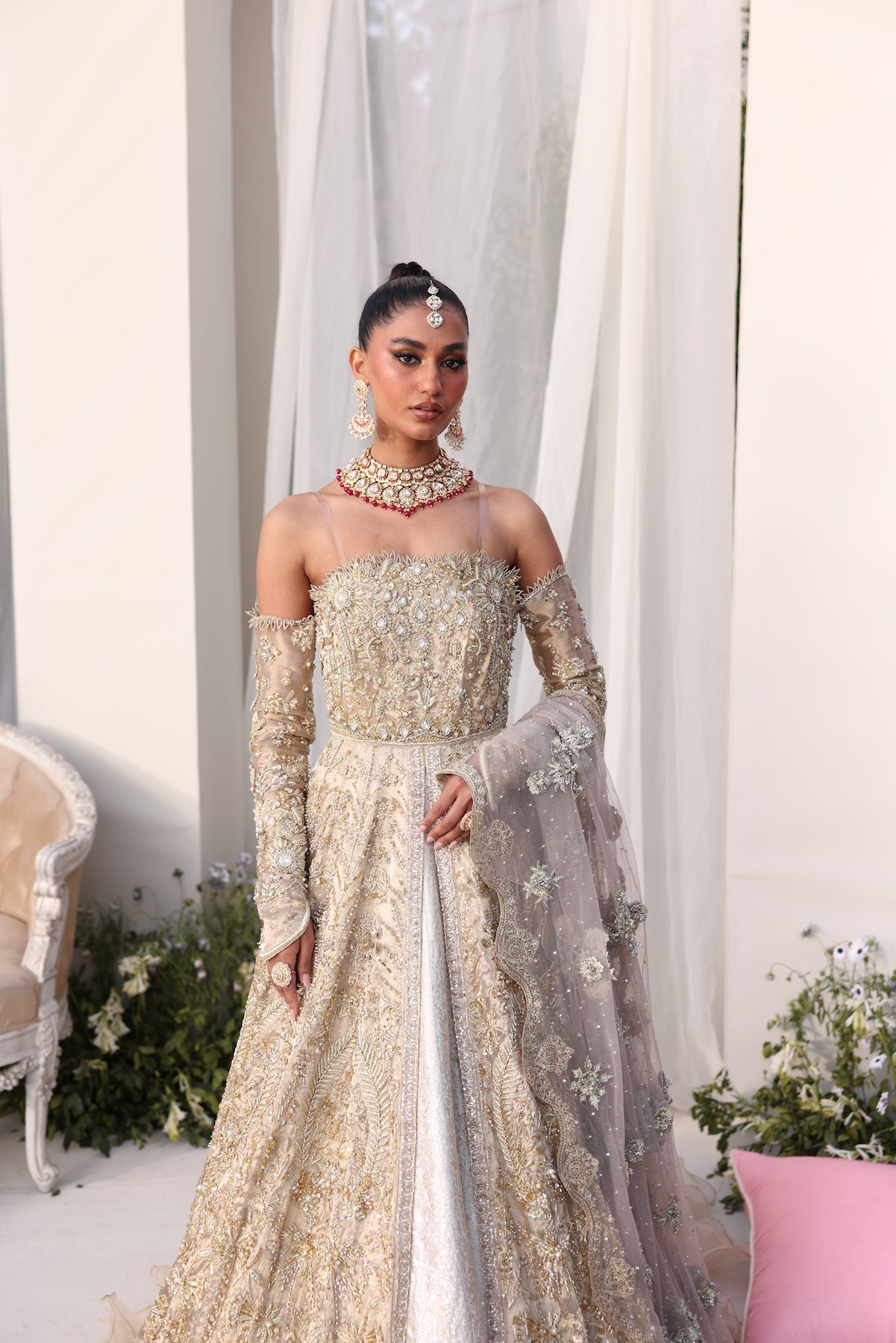 Pakistani Champagne Gold Embellished Tissue Bridal Gown (2-Piece) - Image 6