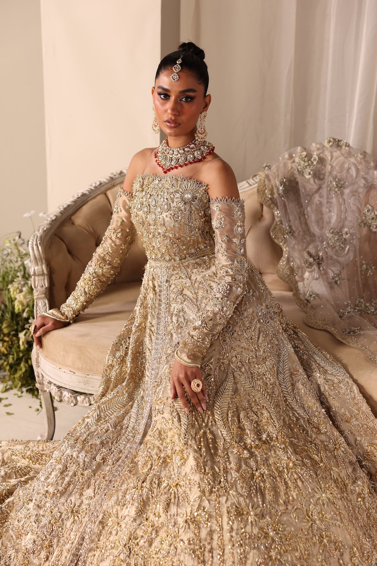 Pakistani Champagne Gold Embellished Tissue Bridal Gown (2-Piece) - Image 7