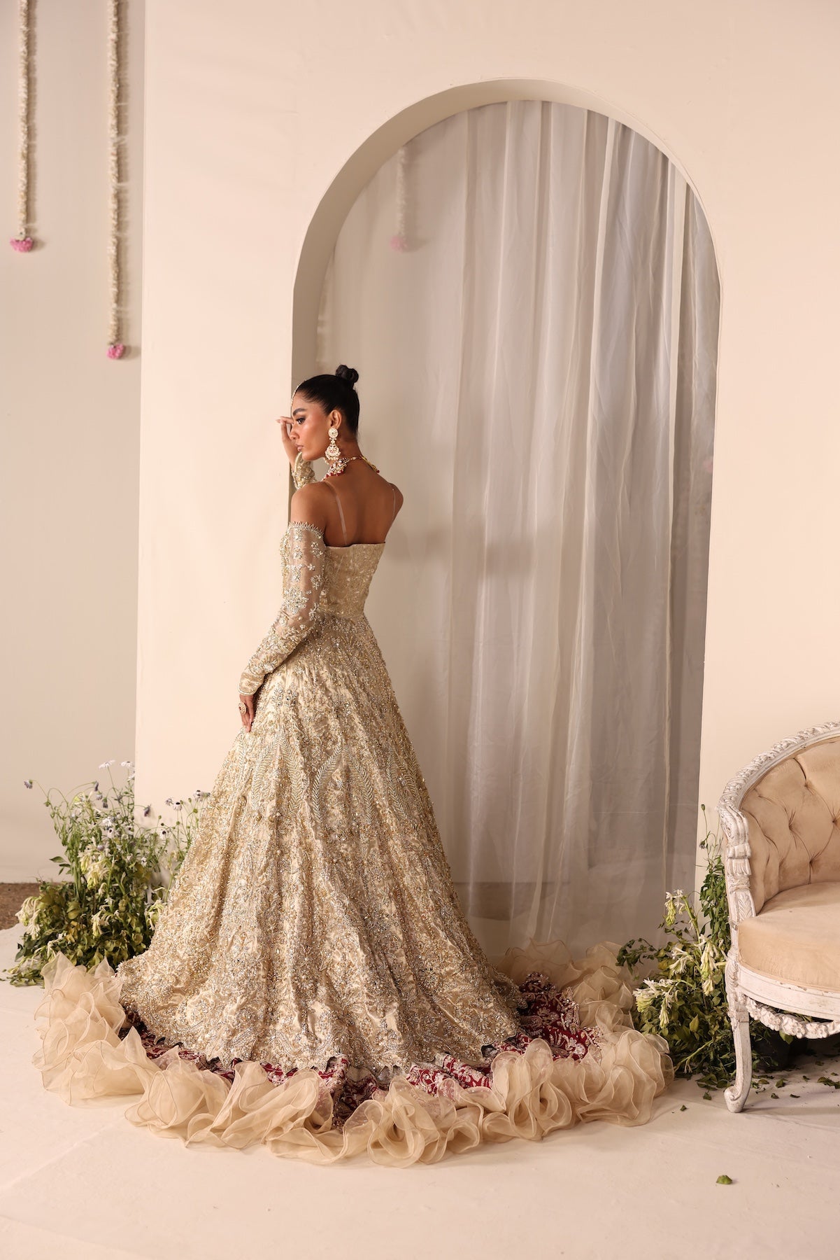 Pakistani Champagne Gold Embellished Tissue Bridal Gown (2-Piece) - Image 8