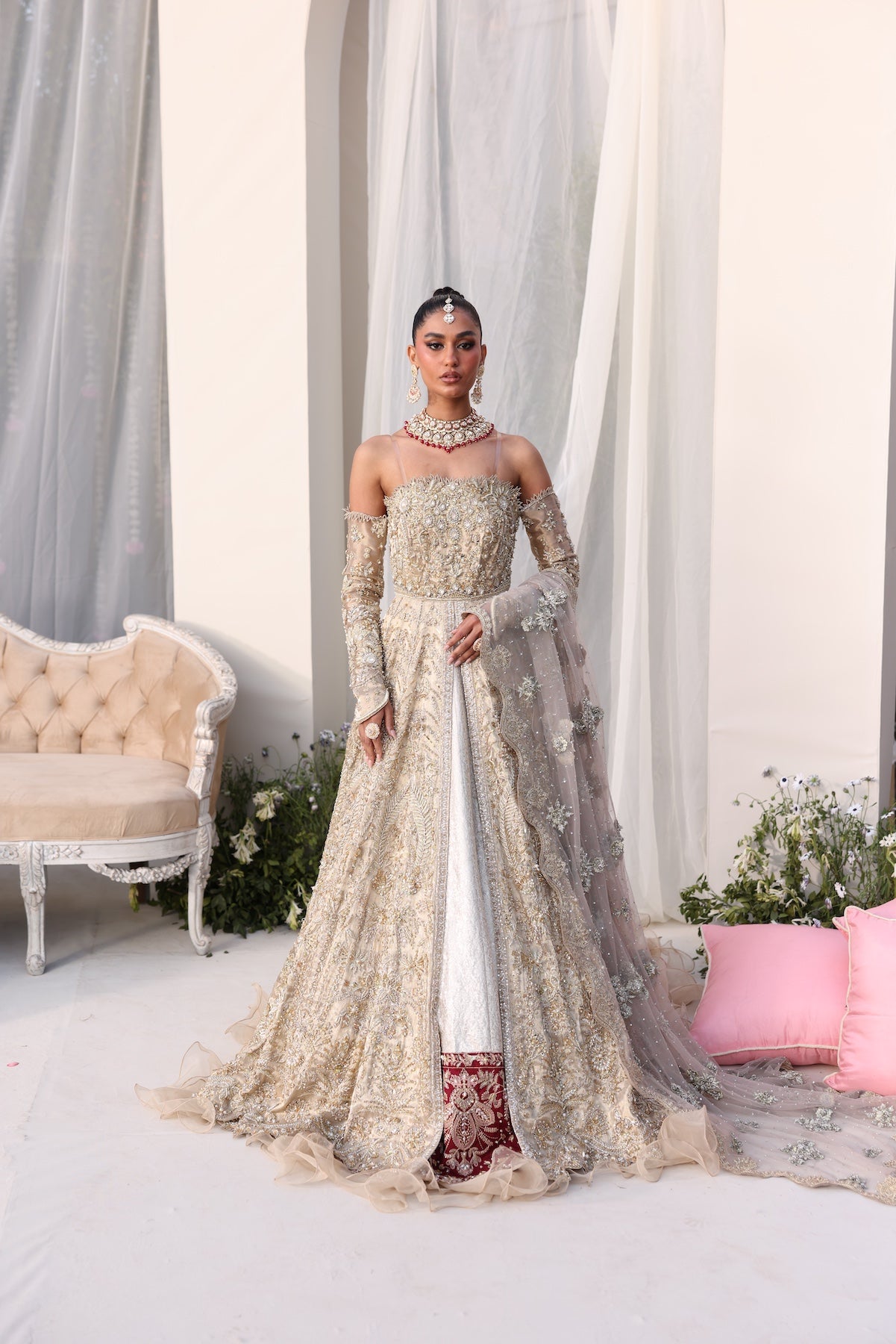 Pakistani Champagne Gold Embellished Tissue Bridal Gown (2-Piece) - Image 9