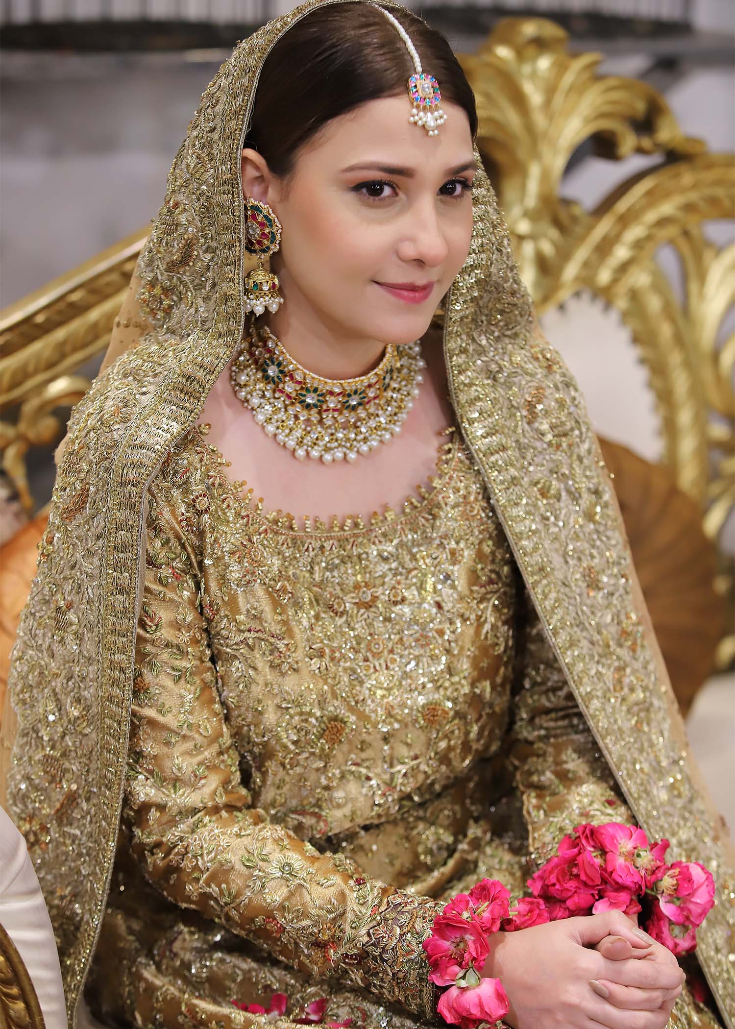 Antique Gold Embellished Tissue Silk Bridal Gown (2-Piece) - Image 2