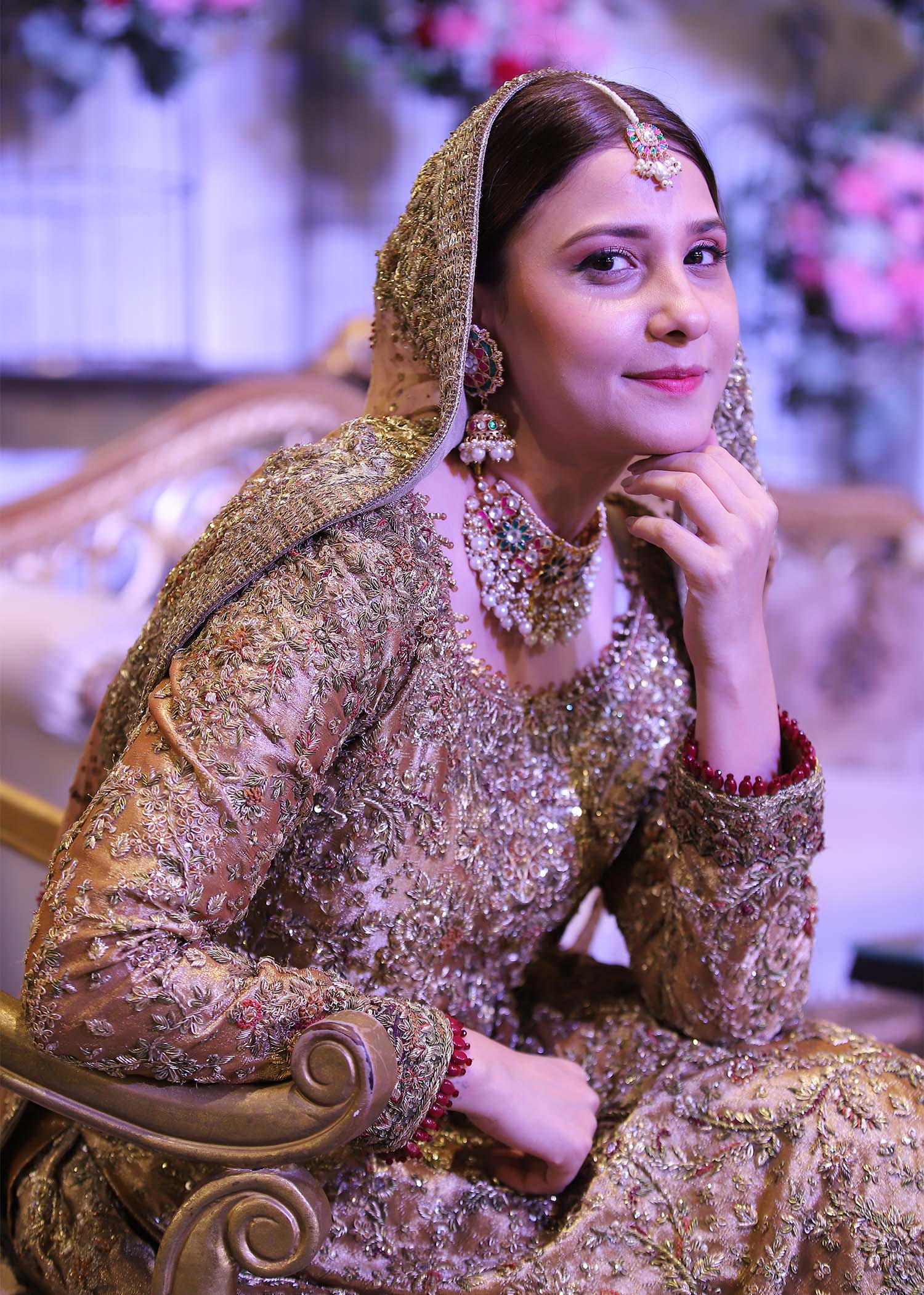 Antique Gold Embellished Tissue Silk Bridal Gown (2-Piece) - Image 6