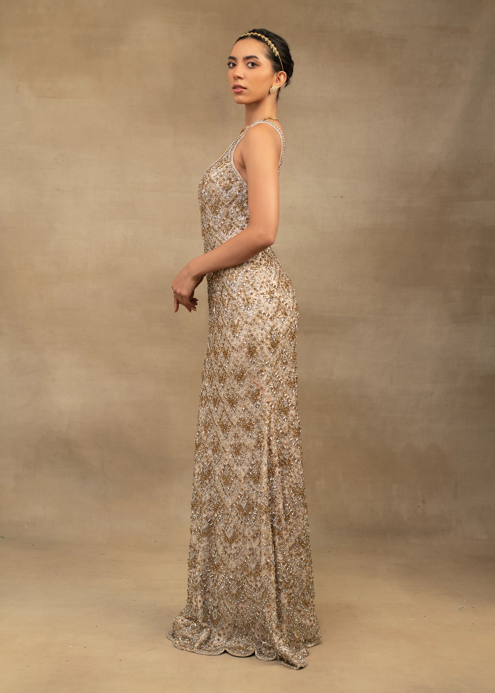 Gold Beaded Indian Tulle Gown (1-Pc) - Image 2