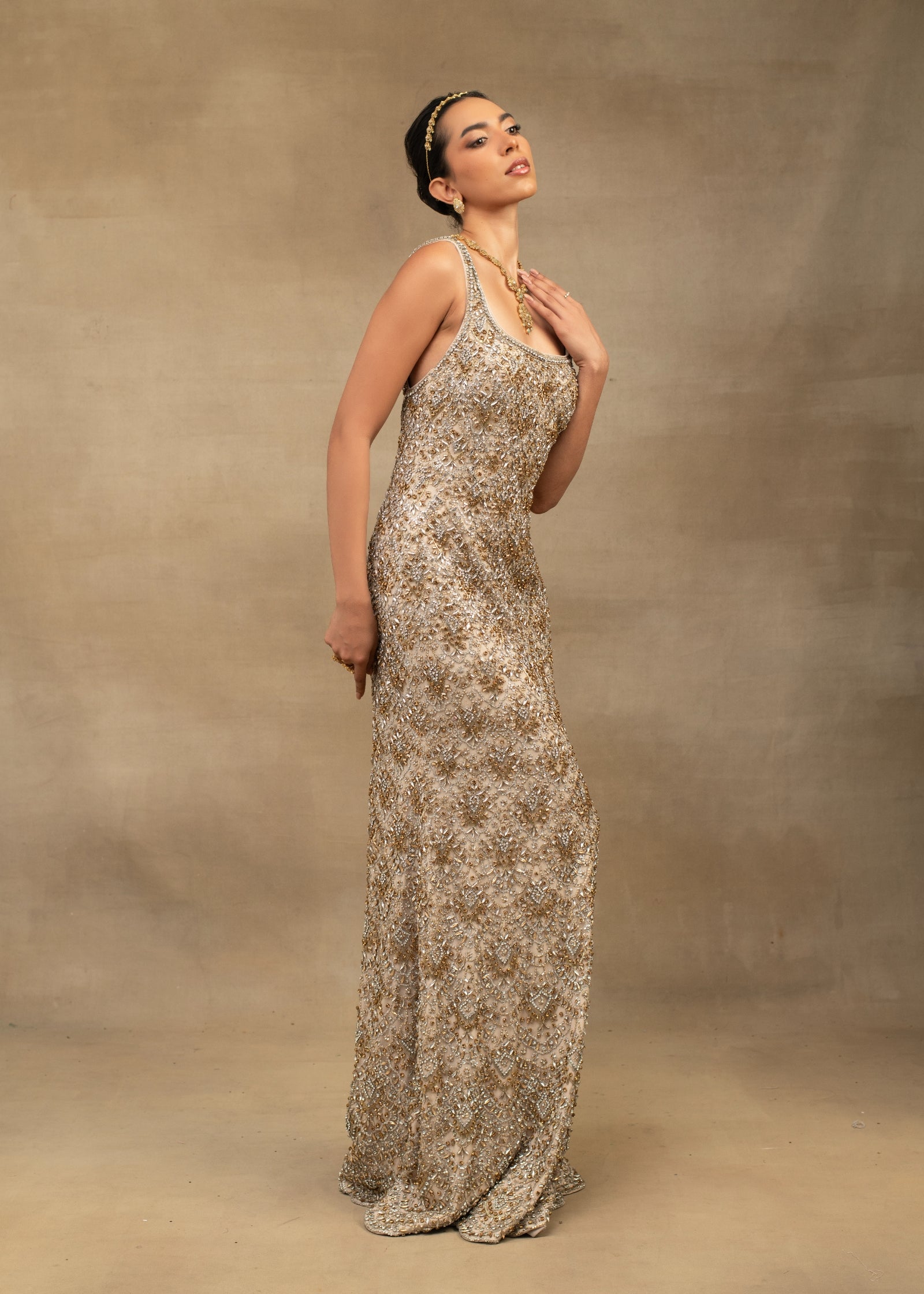 Gold Beaded Indian Tulle Gown (1-Pc) - Image 3