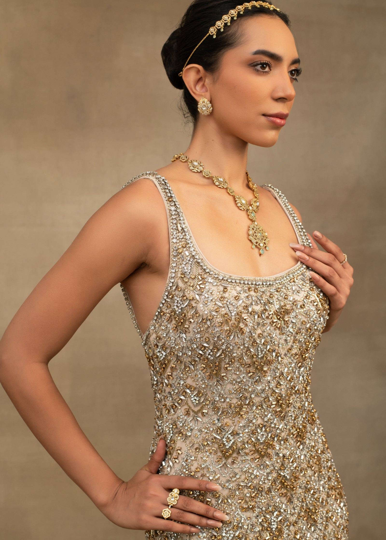 Gold Beaded Indian Tulle Gown (1-Pc) - Image 6