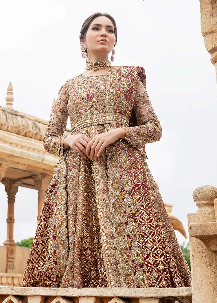 Pakistani Gold Maroon Embellished Zardozi Bridal Gown (2-Piece) - Image 2
