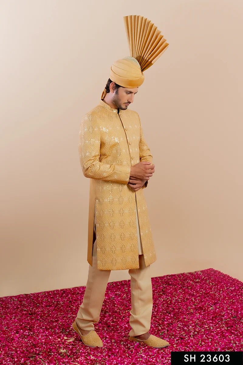 Gold Dapka & Moti Baar Silk Sherwani (5-Piece) - Image 1