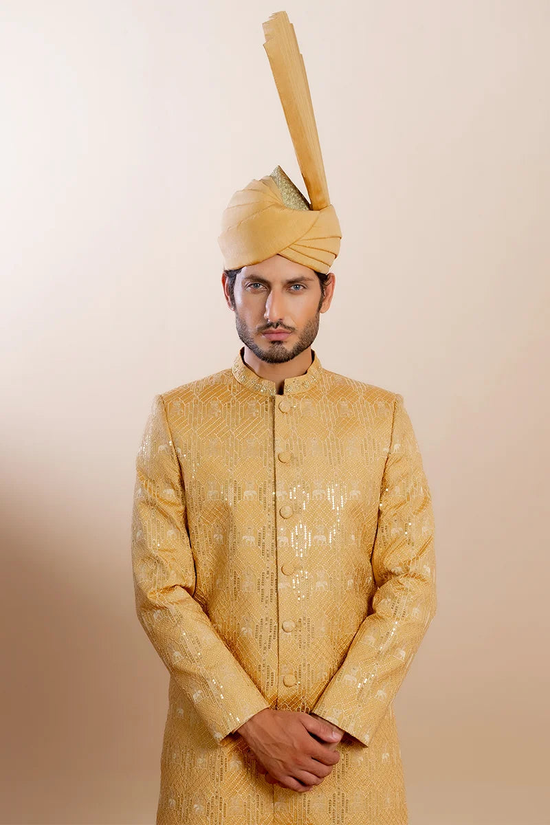 Gold Dapka & Moti Baar Silk Sherwani (5-Piece) - Image 2