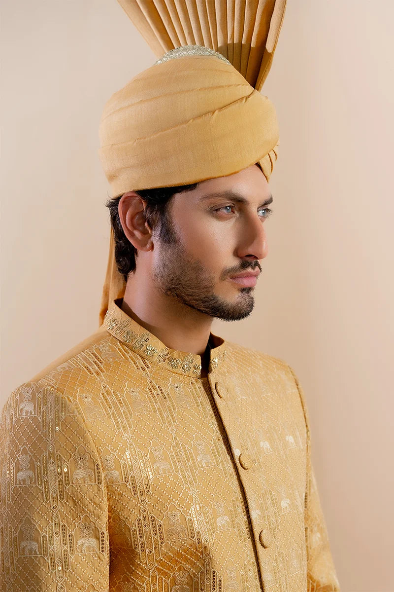 Gold Dapka & Moti Baar Silk Sherwani (5-Piece) - Image 3