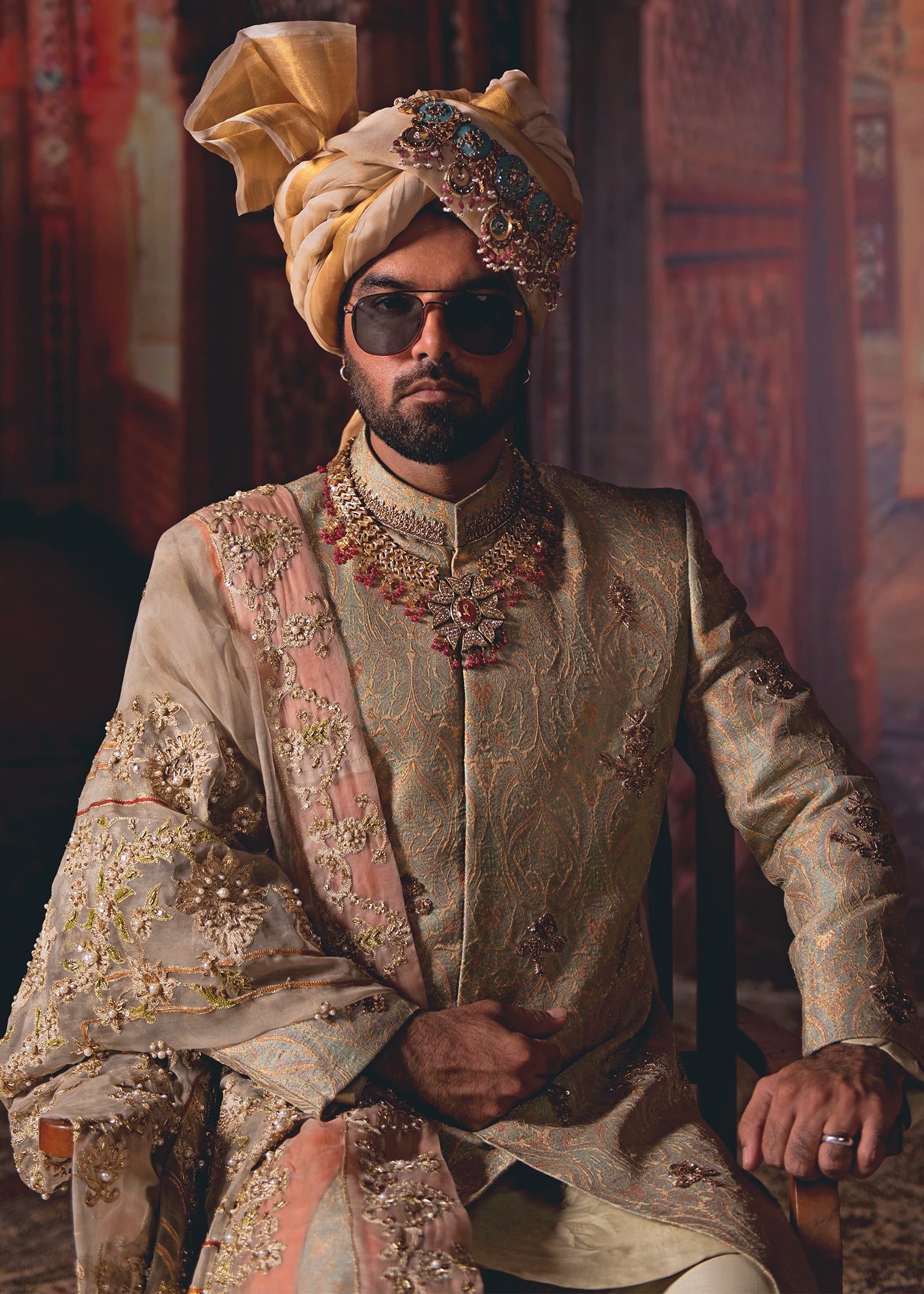 Antique Gold Embroidered Banarsi Groom Sherwani (3-Piece) - Image 1