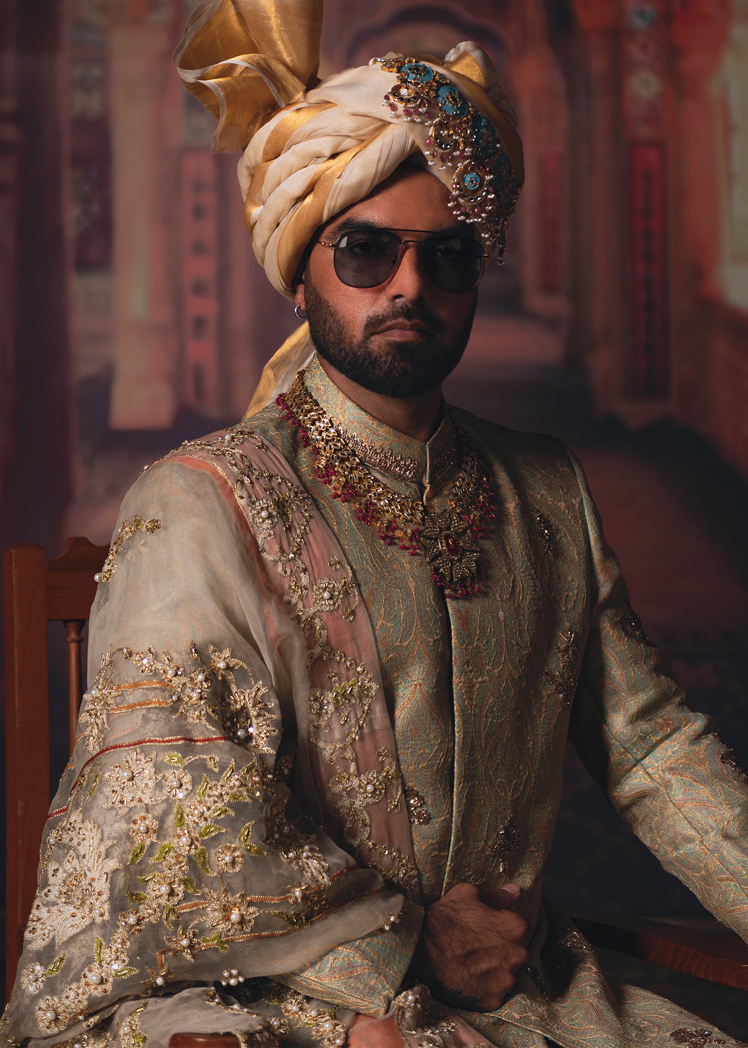 Antique Gold Embroidered Banarsi Groom Sherwani (3-Piece) - Image 2