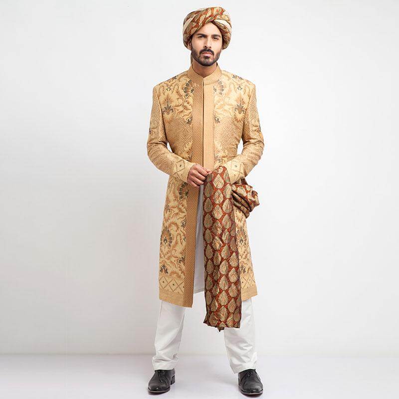 Peach Gold Brocade Groom Sherwani (3-Piece) - Image 1
