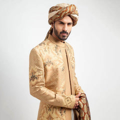 Peach Gold Brocade Groom Sherwani (3-Piece) - Image 3