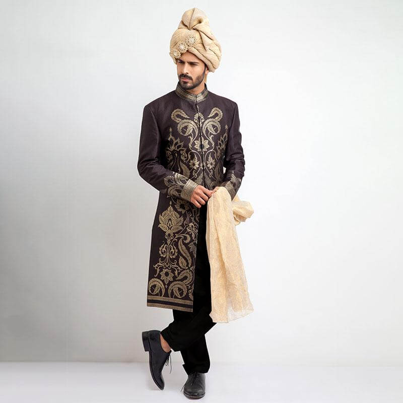 Antique Dull Gold Brocade Sherwani (3-Piece) - Image 1