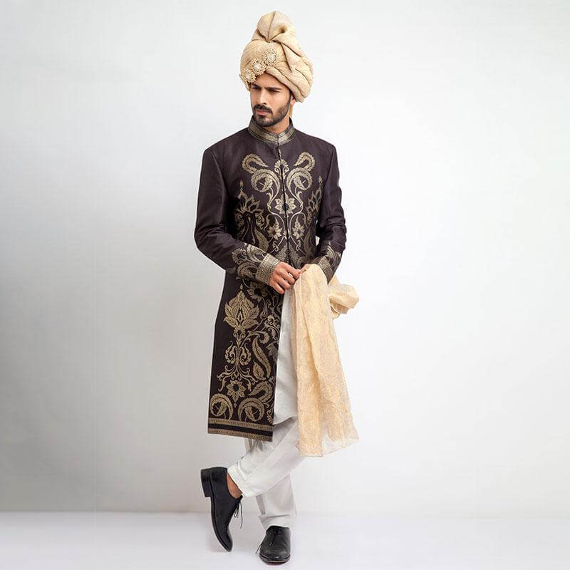 Antique Dull Gold Brocade Sherwani (3-Piece) - Image 3