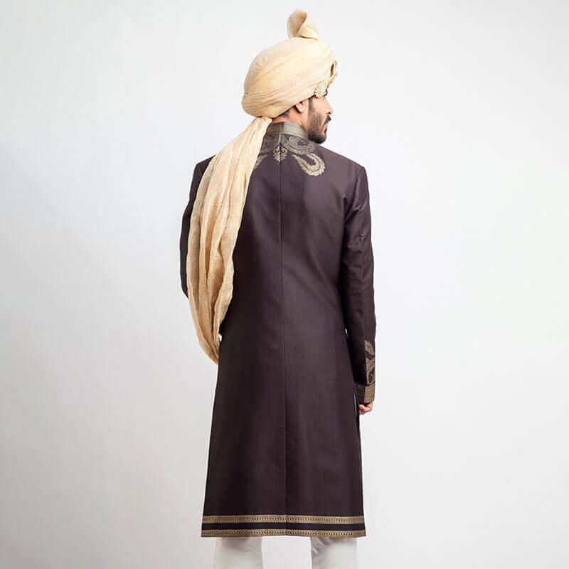 Antique Dull Gold Brocade Sherwani (3-Piece) - Image 5