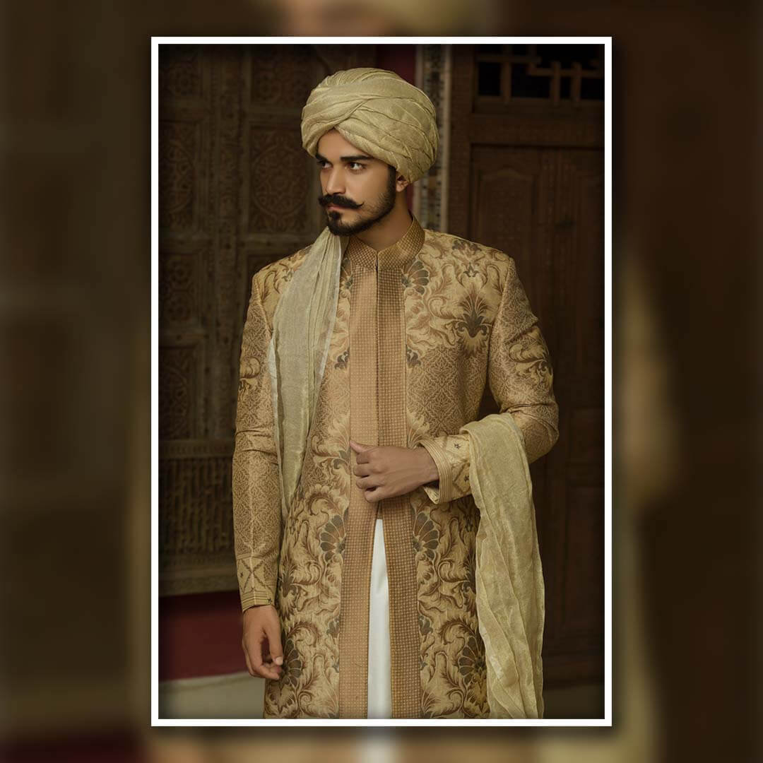 Gold Brocade Sherwani with Floral Motifs (3-Piece) - Image 1