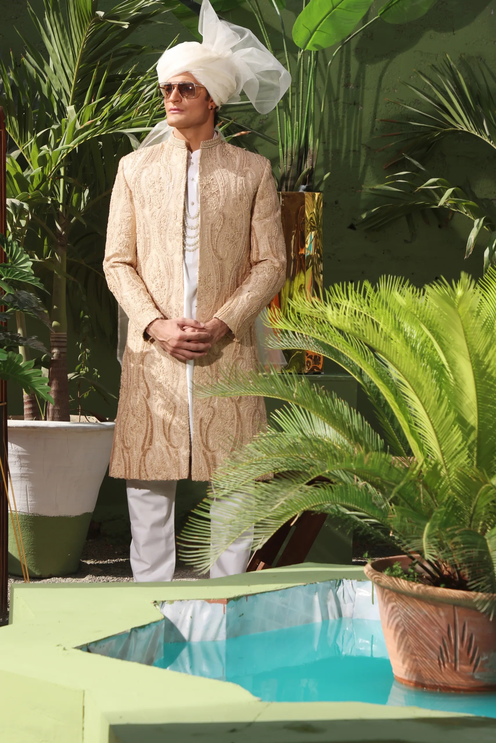Champagne Gold Embroidered Silk-Blend Sherwani (3-Piece) - Image 1