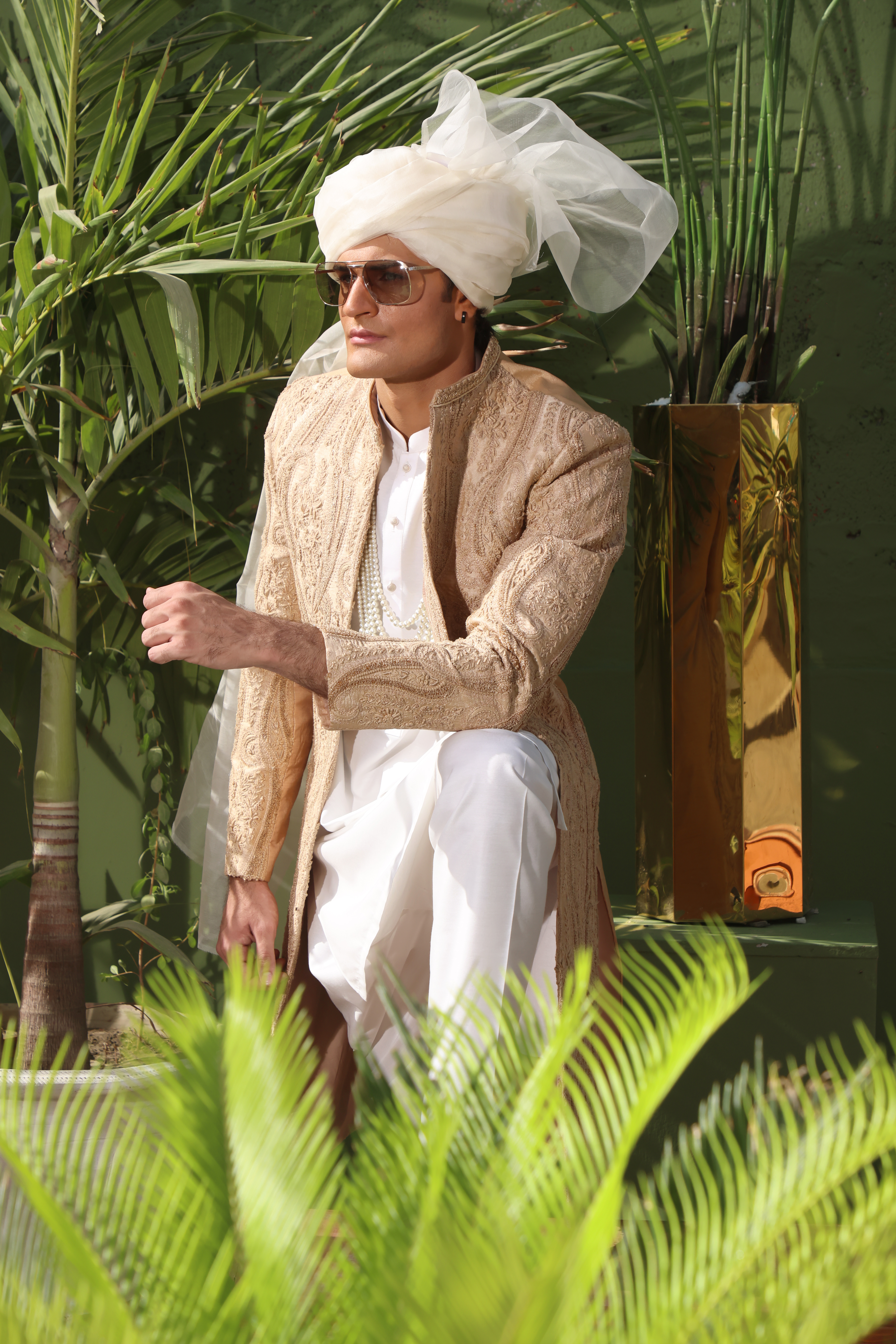 Champagne Gold Embroidered Silk-Blend Sherwani (3-Piece) - Image 2