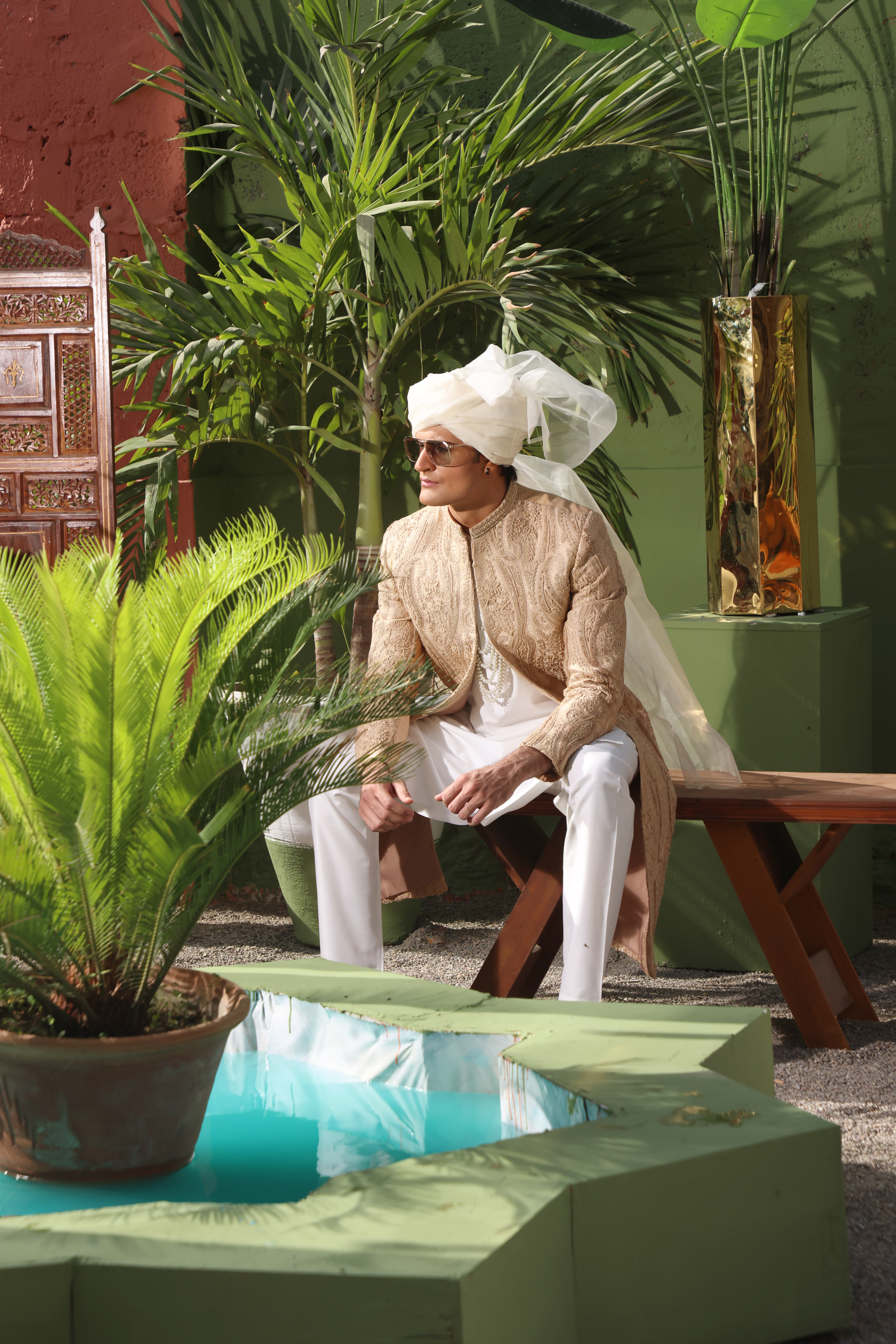 Champagne Gold Embroidered Silk-Blend Sherwani (3-Piece) - Image 3