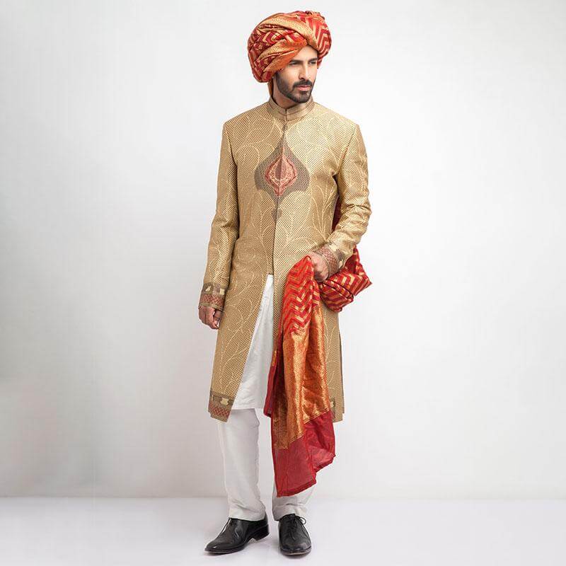 Antique Gold Brocade Groom Sherwani (3-Piece) - Image 1
