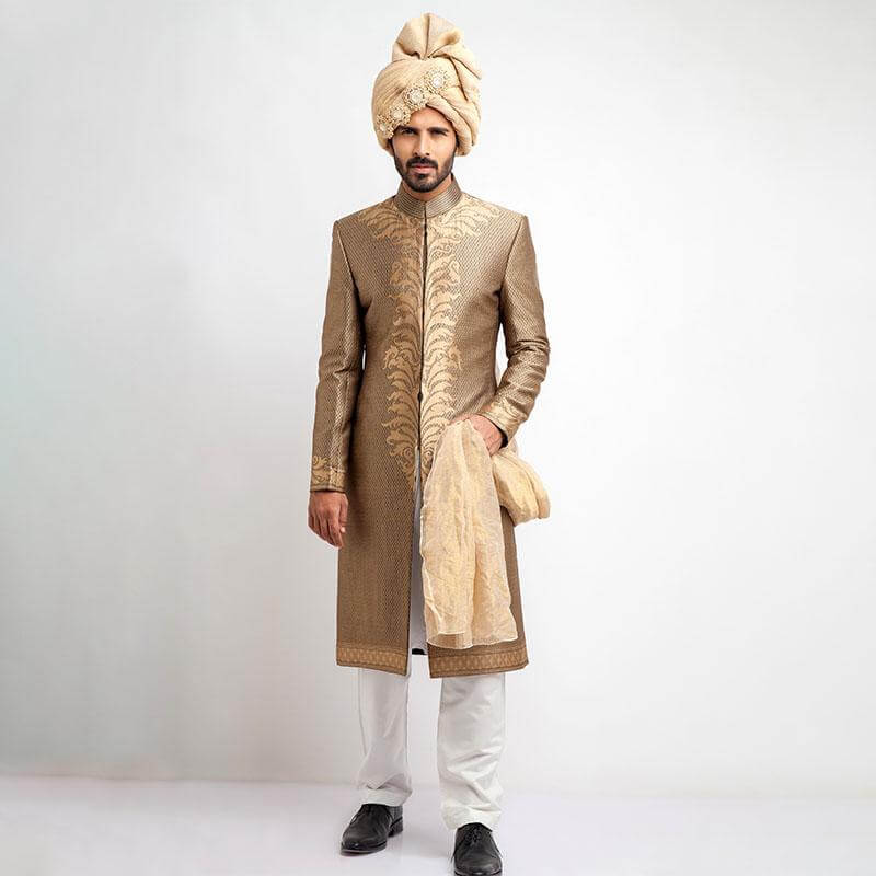 Antique Gold & Black Brocade Groom Sherwani (3-Piece) - Image 1