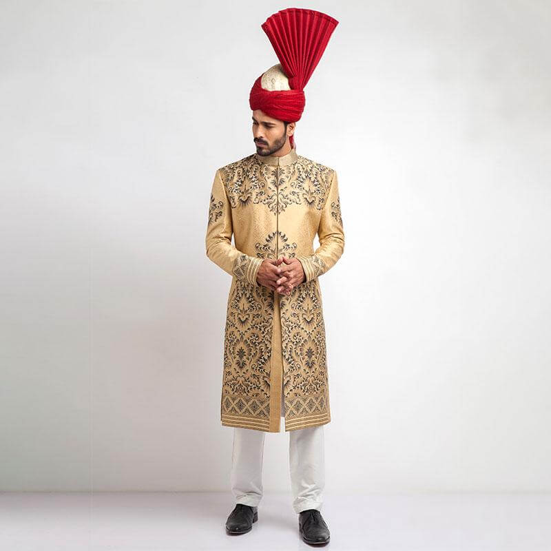 Peach-Gold Woven Brocade Groom Sherwani (2-Piece) - Image 1