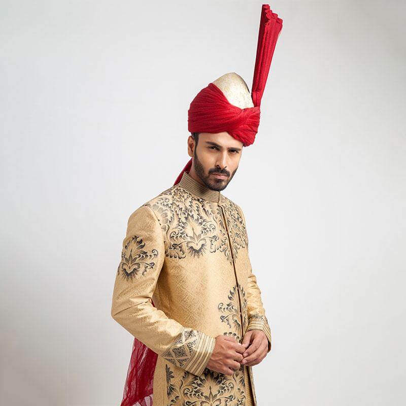 Peach-Gold Woven Brocade Groom Sherwani (2-Piece) - Image 2