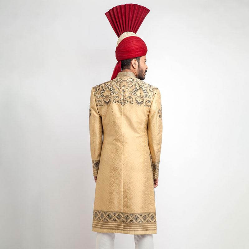 Peach-Gold Woven Brocade Groom Sherwani (2-Piece) - Image 3