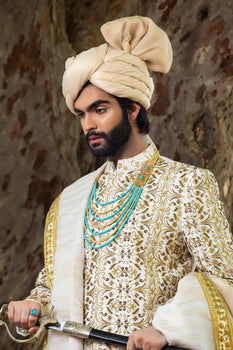 Gold Embroidered Brocade Groom Sherwani (4-Piece) - Image 1