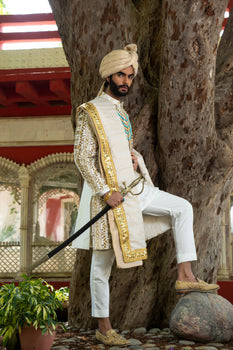 Gold Embroidered Brocade Groom Sherwani (4-Piece) - Image 2