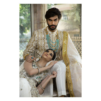 Gold Embroidered Brocade Groom Sherwani (4-Piece) - Image 3
