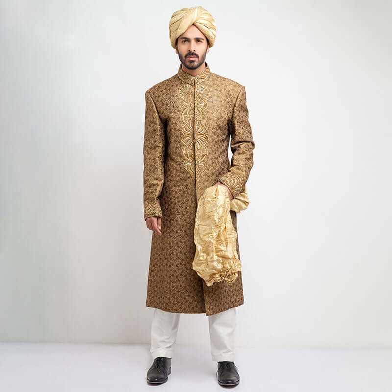 Antique Gold Zardozi Brocade Silk Sherwani (3-Piece) - Image 1