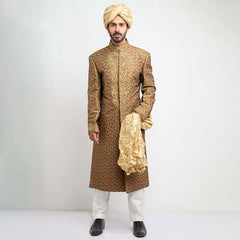 Antique Gold Zardozi Brocade Silk Sherwani (3-Piece) - Image 2
