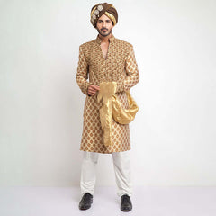 Antique Gold Brocade Silk Groom Sherwani (4-Piece) - Image 2