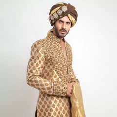 Antique Gold Brocade Silk Groom Sherwani (4-Piece) - Image 3