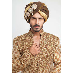 Antique Gold Brocade Silk Groom Sherwani (4-Piece) - Image 4
