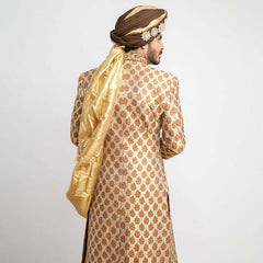 Antique Gold Brocade Silk Groom Sherwani (4-Piece) - Image 5