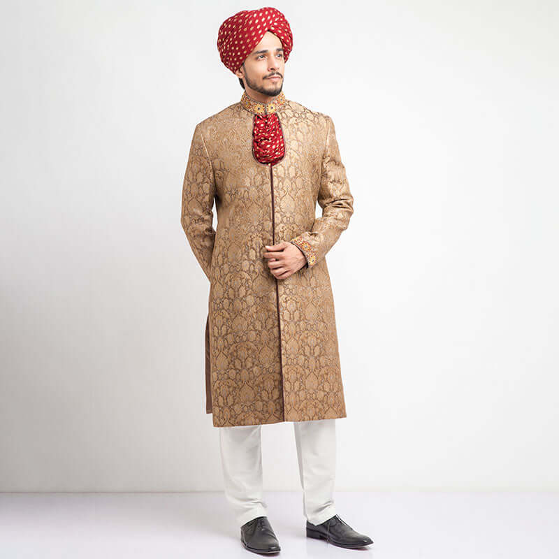 Antique Gold Zardozi Brocade Silk Sherwani (3-Piece) - Image 1