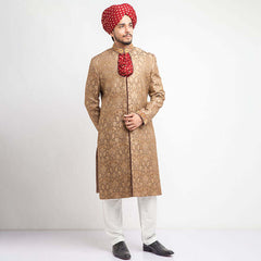 Antique Gold Zardozi Brocade Silk Sherwani (3-Piece) - Image 2