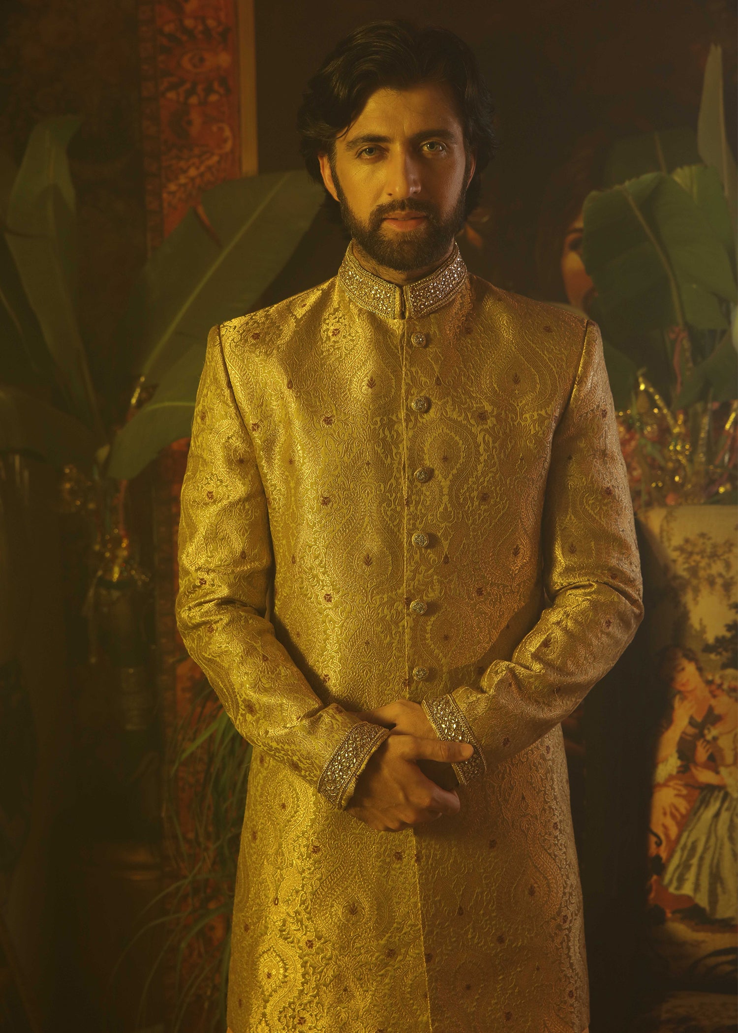 Gold Beadwork Brocade Groom Sherwani (2-Piece) - Image 1