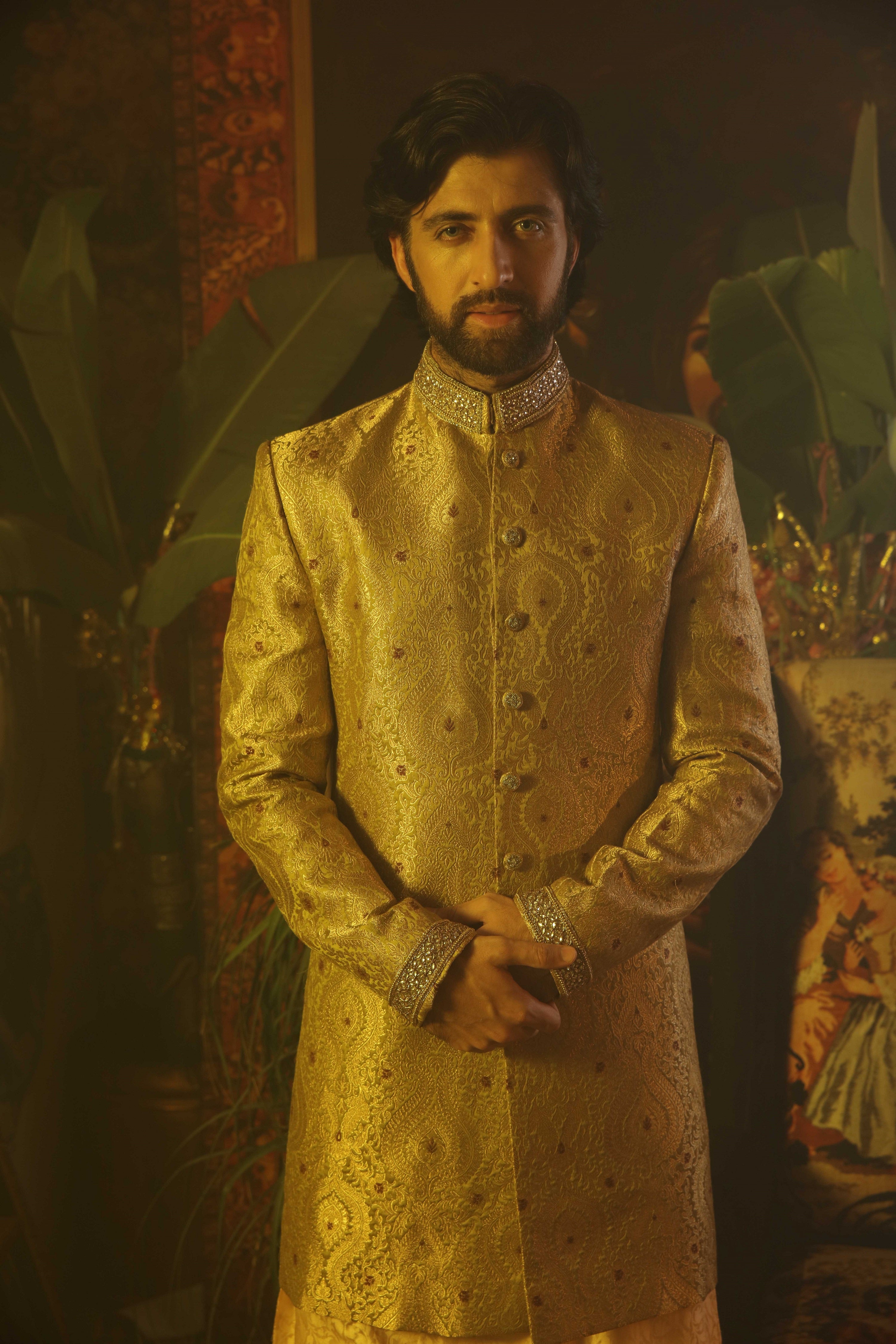 Gold Beadwork Brocade Groom Sherwani (2-Piece) - Image 2