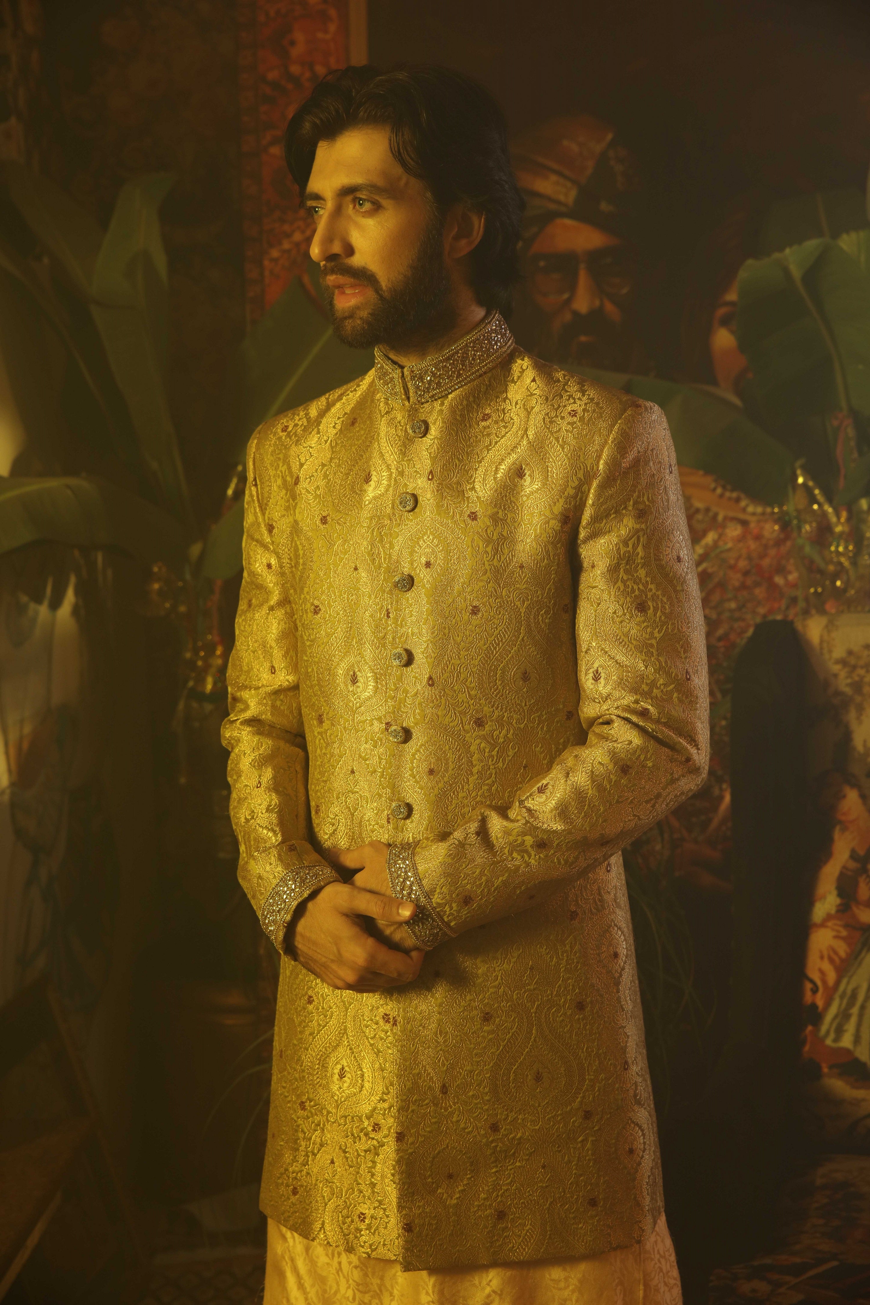 Gold Beadwork Brocade Groom Sherwani (2-Piece) - Image 3