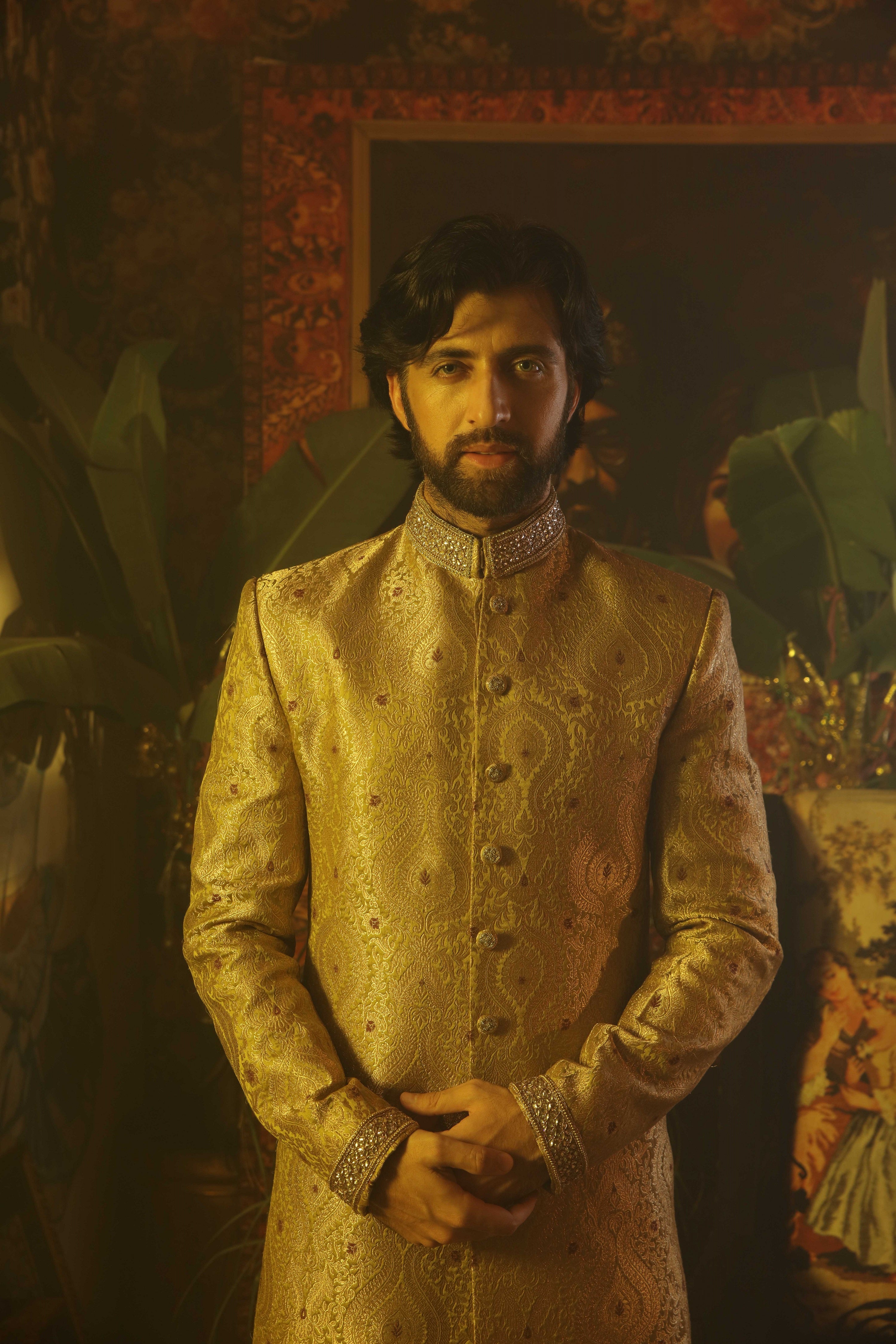 Gold Beadwork Brocade Groom Sherwani (2-Piece) - Image 4