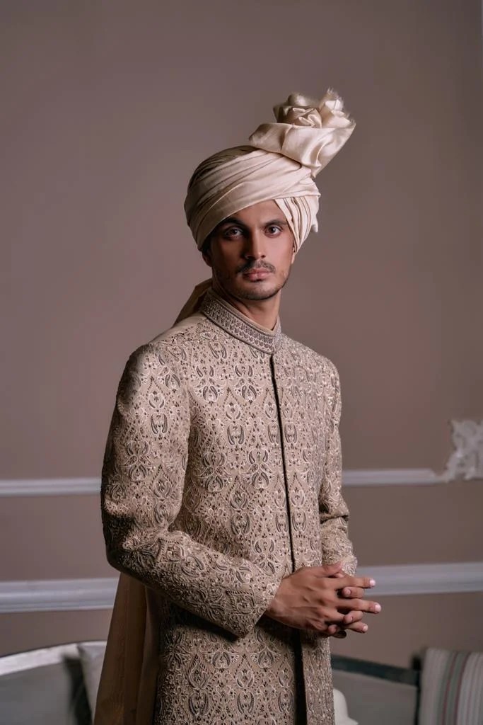 Sand Gold Embroidered Silk-Blend Brocade Sherwani (3-Piece) - Image 1